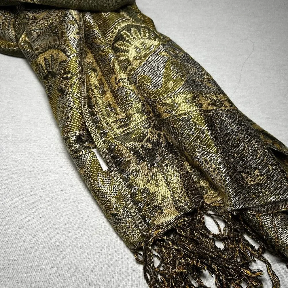 100% Pashmina Cashmere Wrap Scarf in Green Reversible Print with Fringe